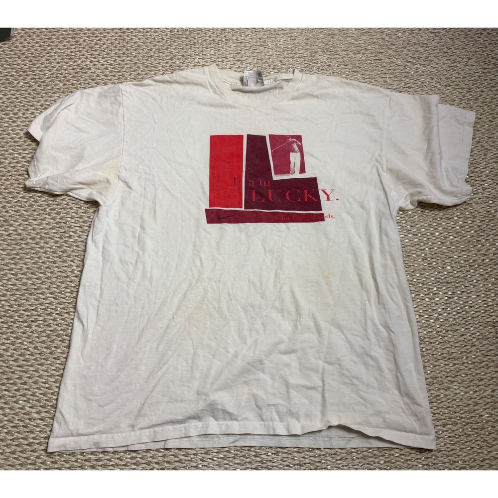 Vintage Nike Tiger Woods I Am Lucky Graphic T-Shirt White Mens Large 90s Golf